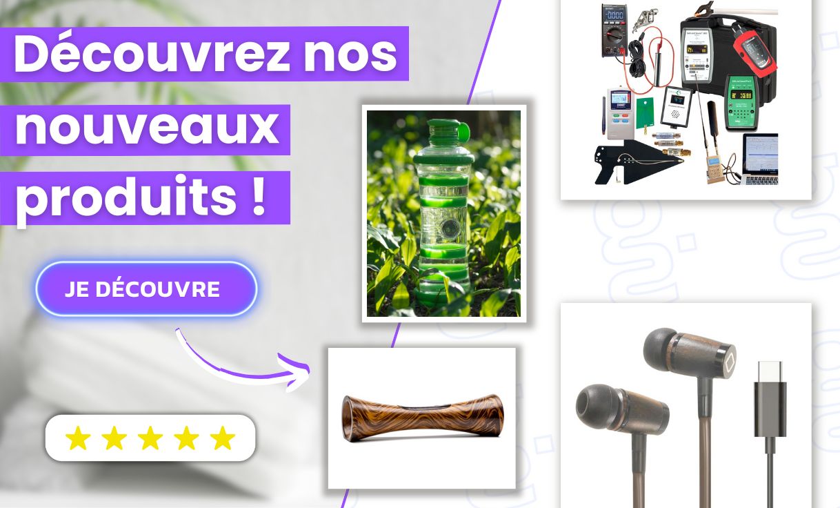 Nous sommes heureux de vous présenter les dernières nouveautés disponibles sur notre site Geotellurique.fr !    Des packs de mesure des champs électromagnétiques repensés et mis à jour, de nouvelles gourdes I9, une référence en matière d’eau informée, une collection d’enceintes passives en bois et des écouteurs air tube dotés d’une connectique USB-C.